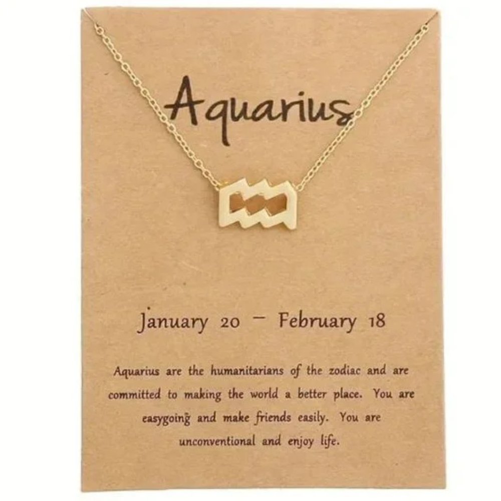 NEW Zodiac Sign AQUARIUS Pendant Charm Golden Astrology Birthdate Necklace Set